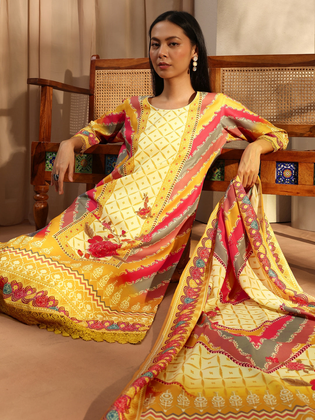  Mustard Printed Crepe Straight Suit Set With Dupatta 