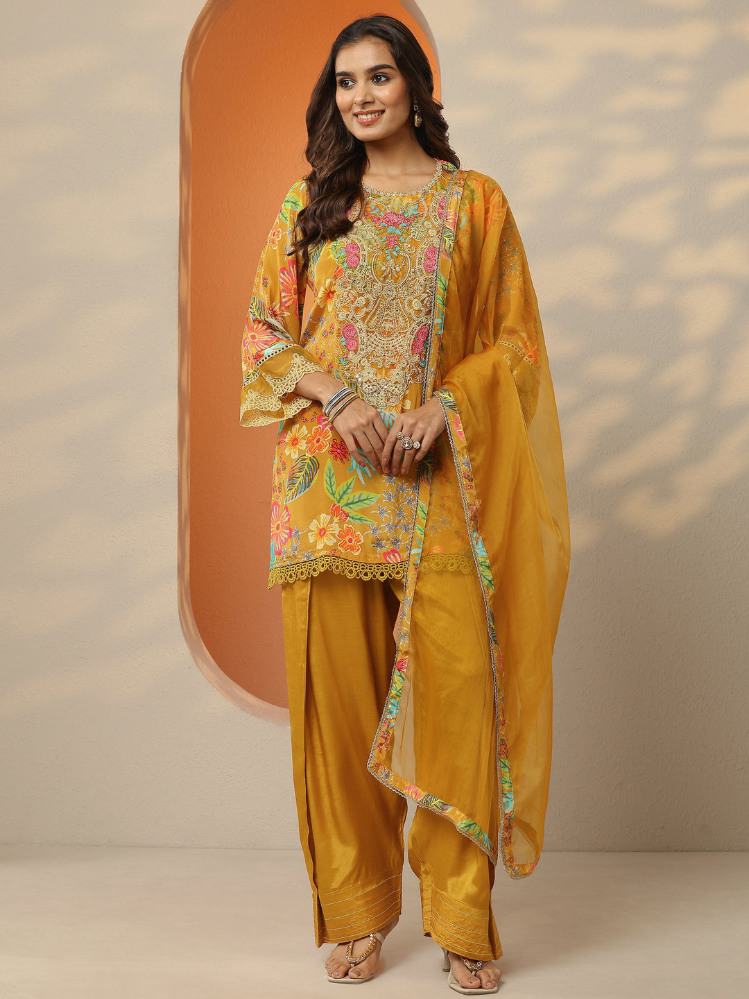 Mustard Printed Crepe Straight Suit Set With Dupatta