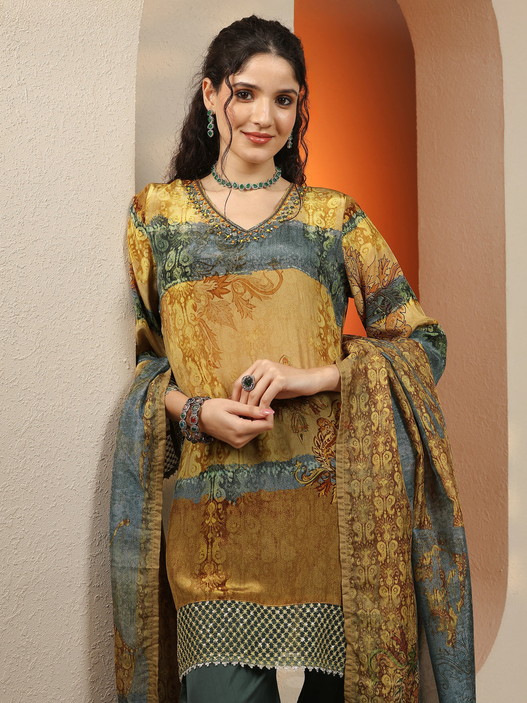 Mustard Printed Crepe Straight Suit Set With Dupatta