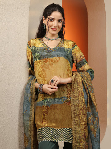 Mustard Printed Crepe Straight Suit Set With Dupatta