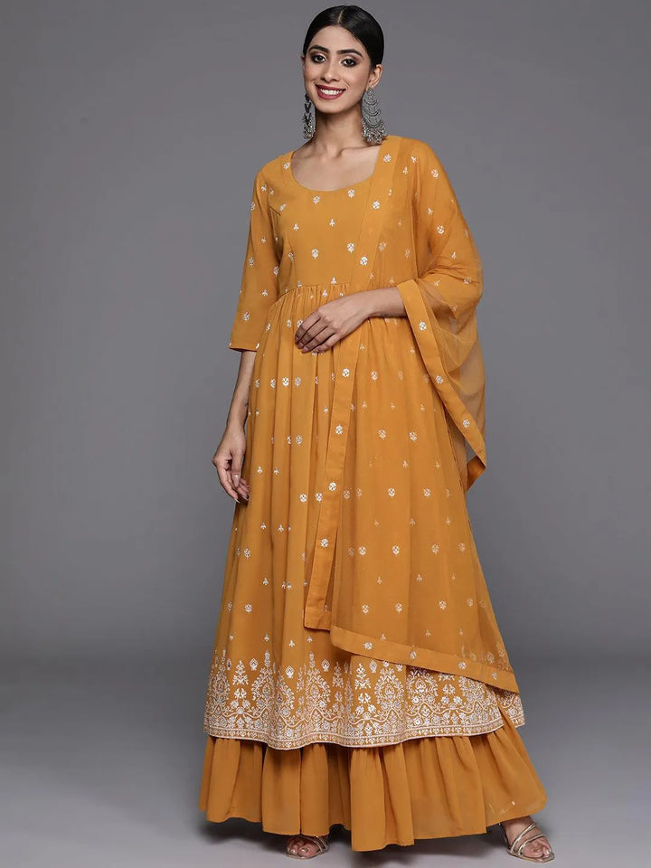 Mustard Printed Georgette A-Line Kurta With Palazzos & Dupatta - Libas