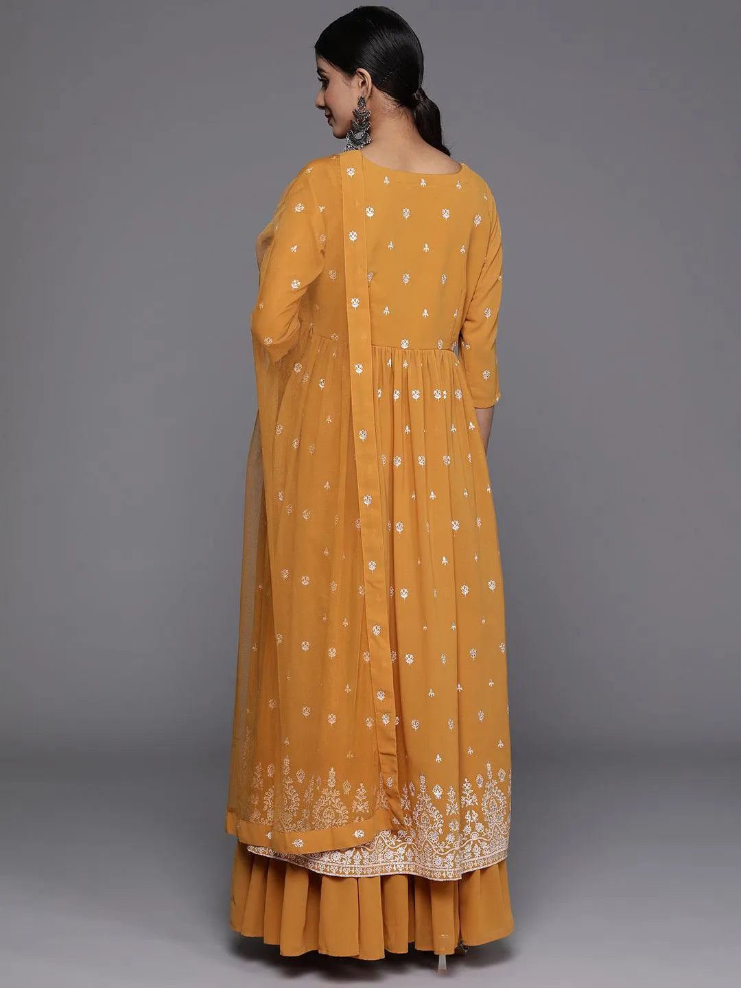 Mustard Printed Georgette A-Line Kurta With Palazzos & Dupatta - Libas 