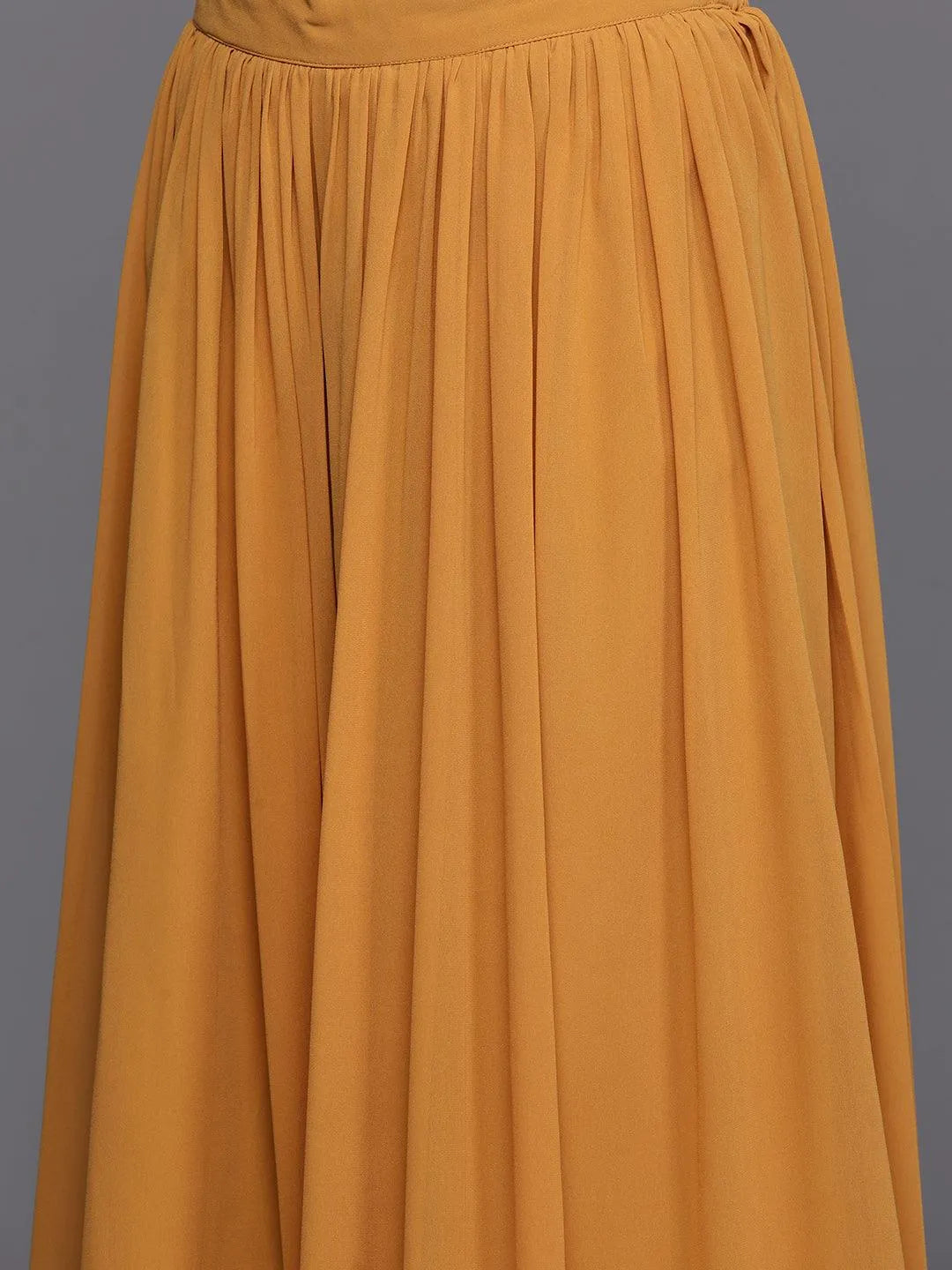 Mustard Printed Georgette A-Line Kurta With Palazzos & Dupatta - Libas 