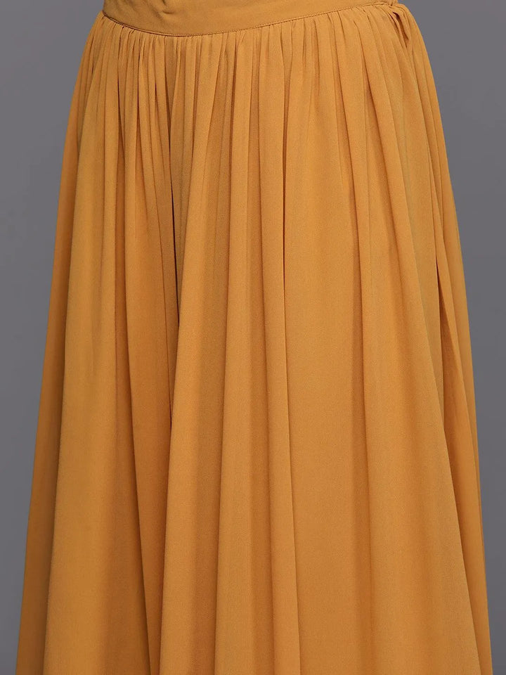 Mustard Printed Georgette A-Line Kurta With Palazzos & Dupatta - Libas