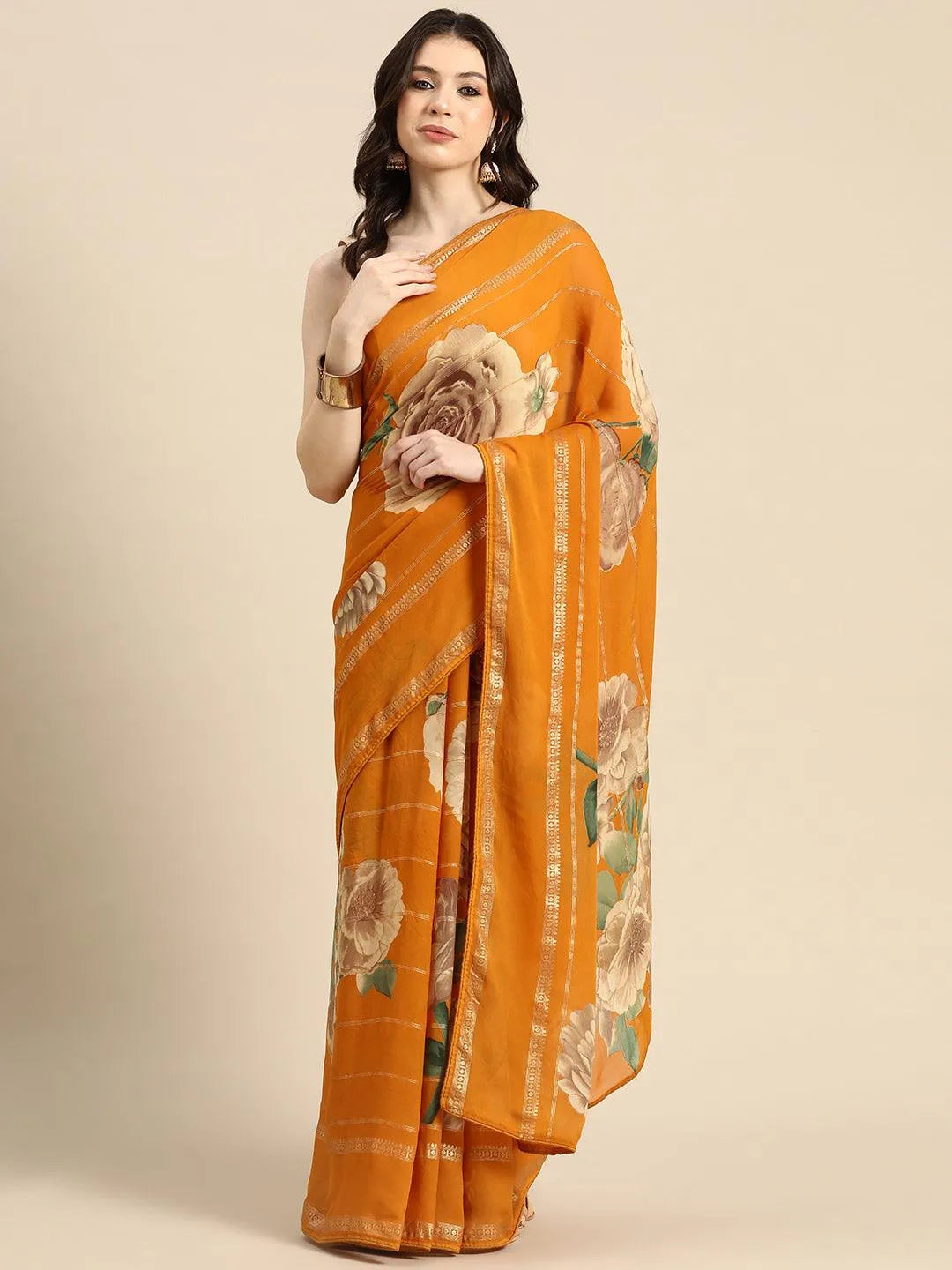 Mustard Printed Georgette Saree - Libas 