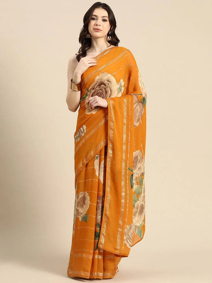 Mustard Printed Georgette Saree - Libas