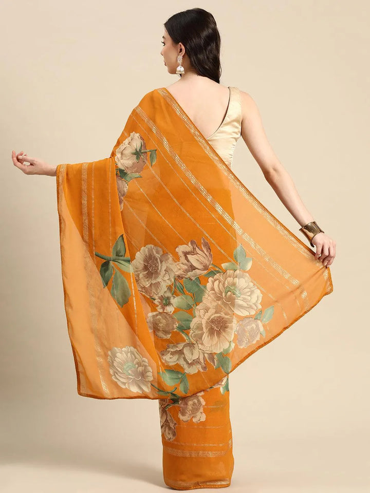 Mustard Printed Georgette Saree - Libas