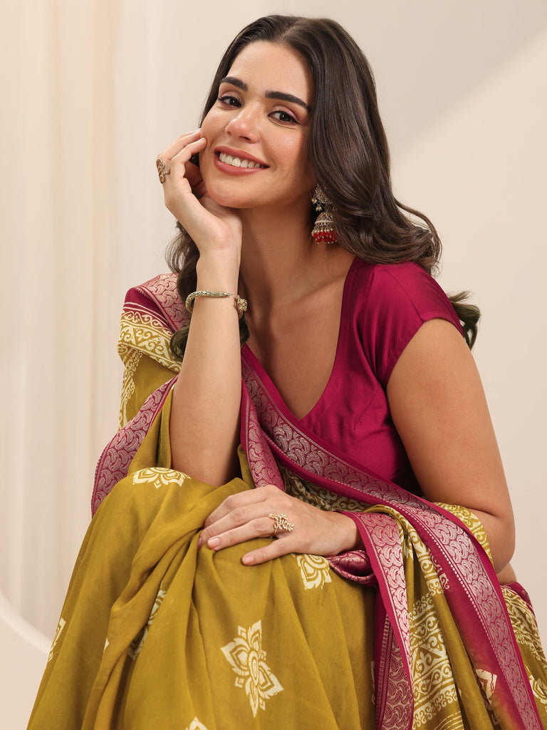 Libas Mustard Printed Georgette Saree With Unstitched Blouse Piece
