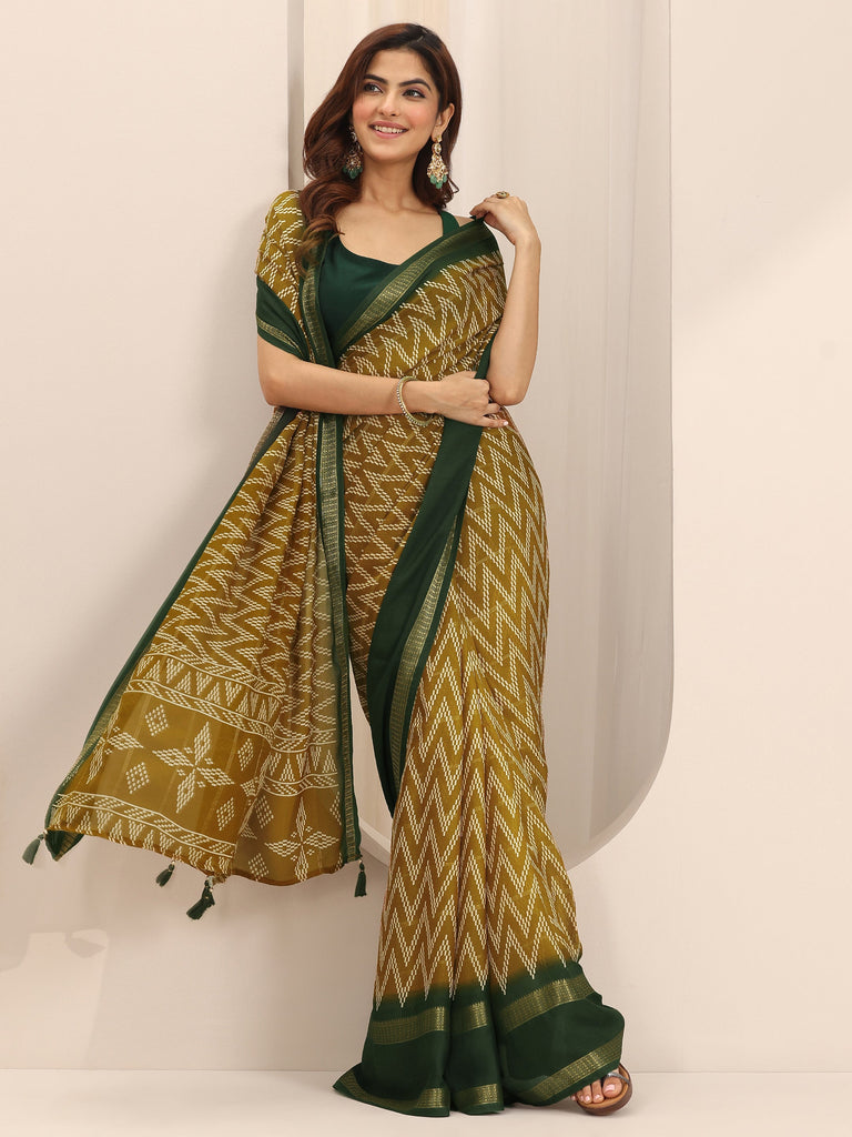 Libas Mustard Printed Georgette Saree With Unstitched Blouse Piece