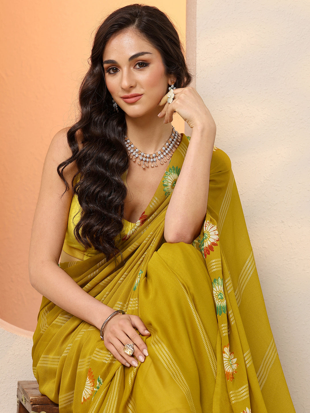  Mustard Printed Georgette Saree With Unstitched Blouse Piece 