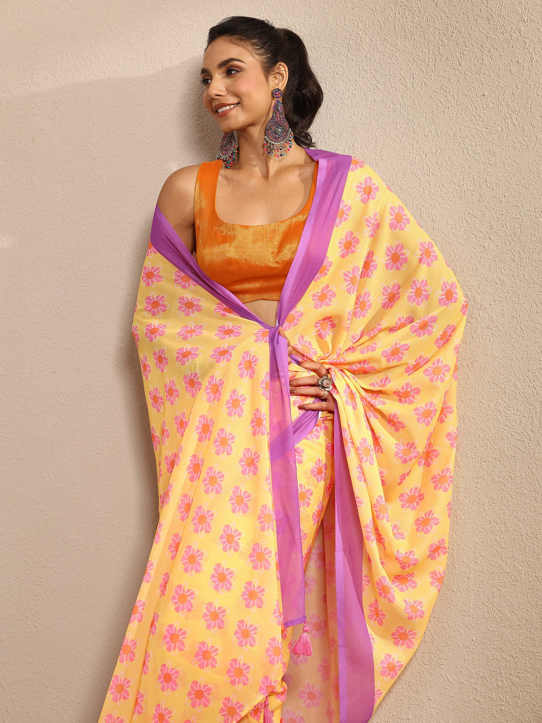 Mustard Printed Georgette Saree With Unstitched Blouse Piece