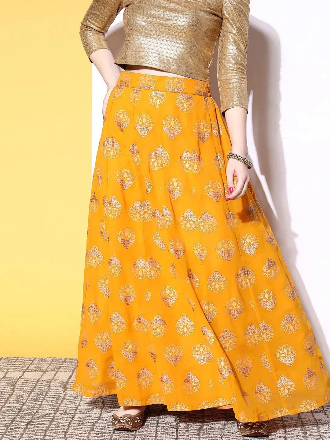 Mustard Printed Georgette Skirt - Libas