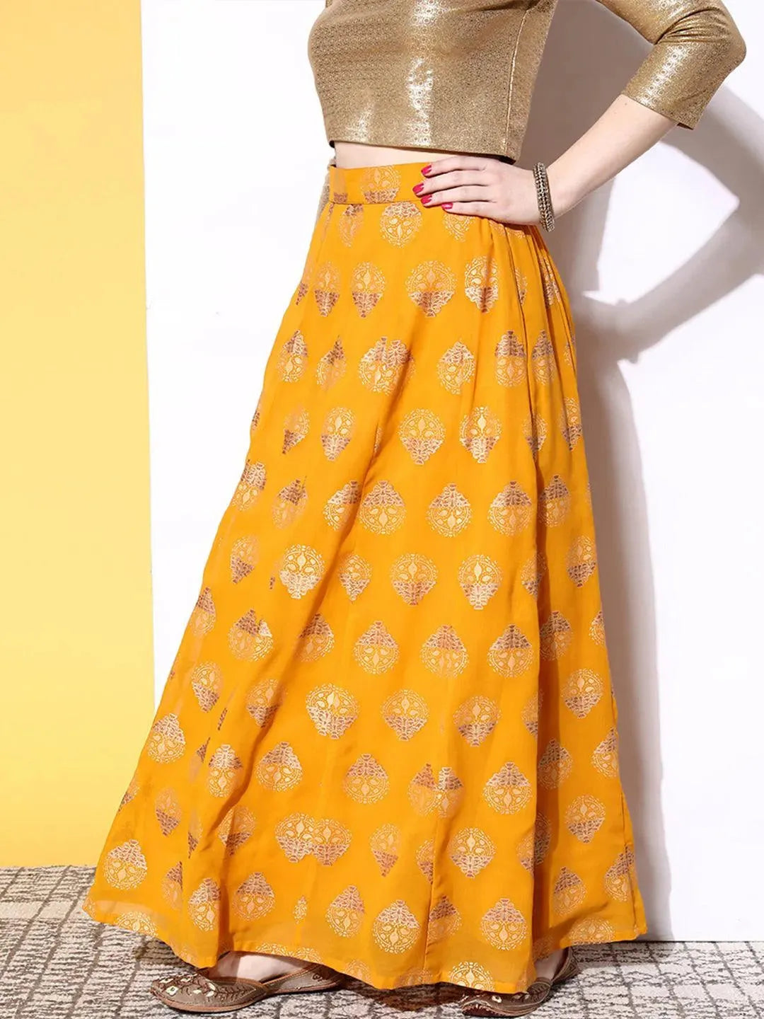 Mustard Printed Georgette Skirt - Libas