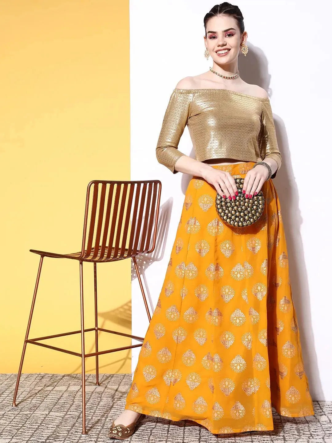 Mustard Printed Georgette Skirt - Libas