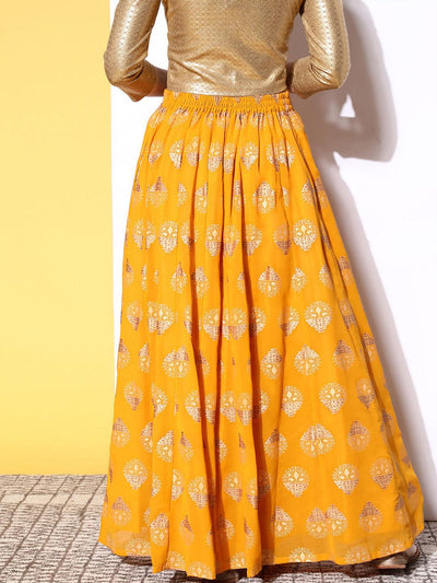 Mustard Printed Georgette Skirt - Libas