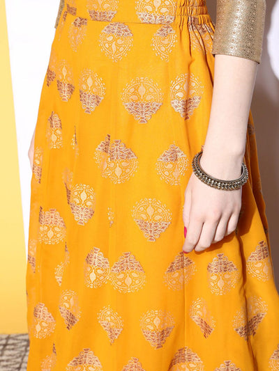 Mustard Printed Georgette Skirt - Libas