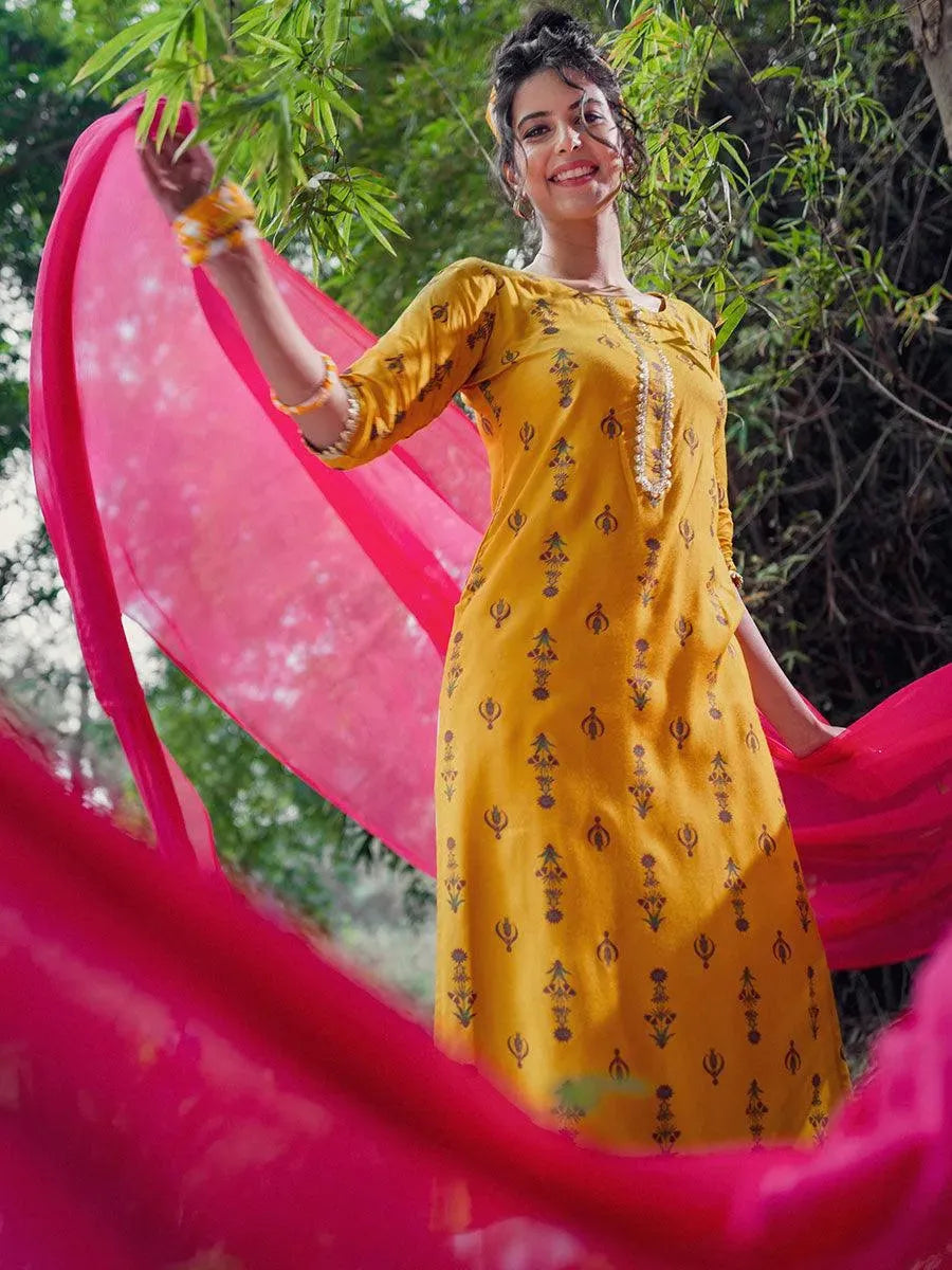 Mustard Printed Rayon Kurta - Libas