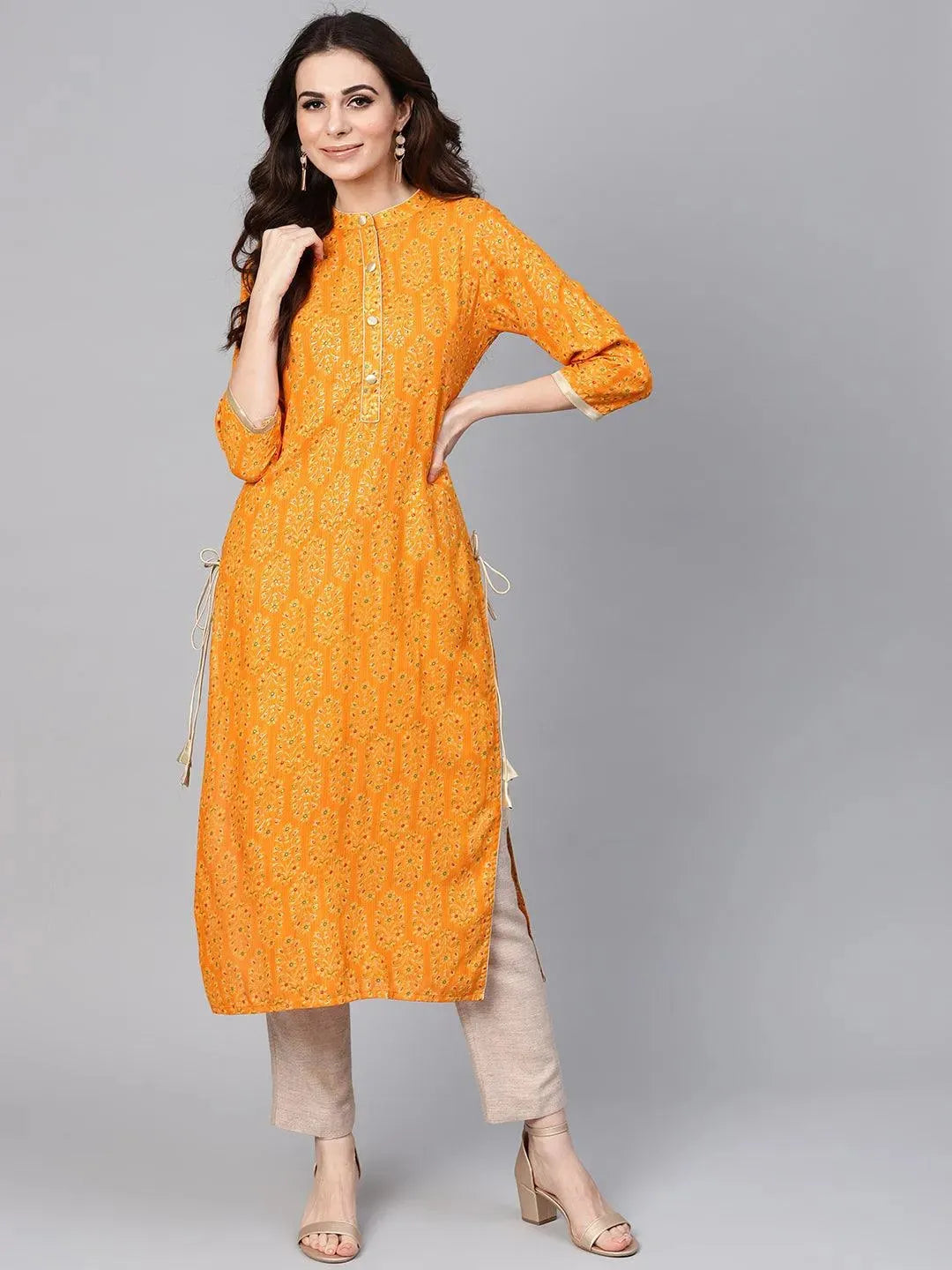 Mustard Printed Rayon Kurta - Libas