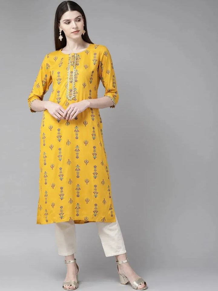 Mustard Printed Rayon Kurta - Libas