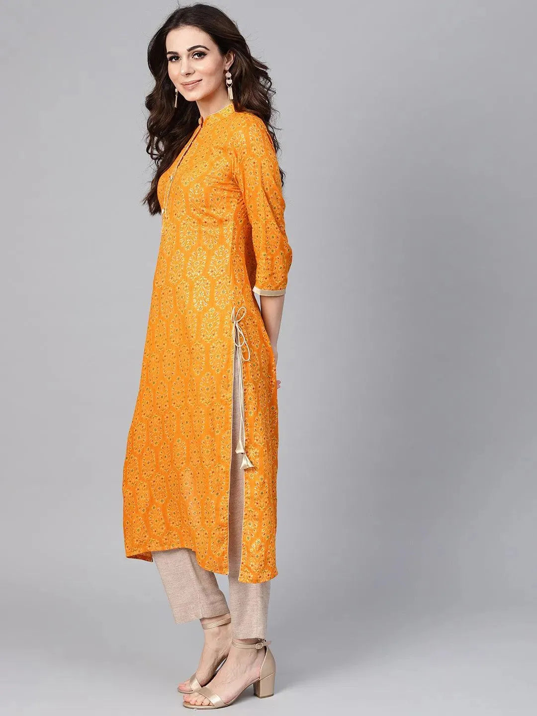 Mustard Printed Rayon Kurta - Libas