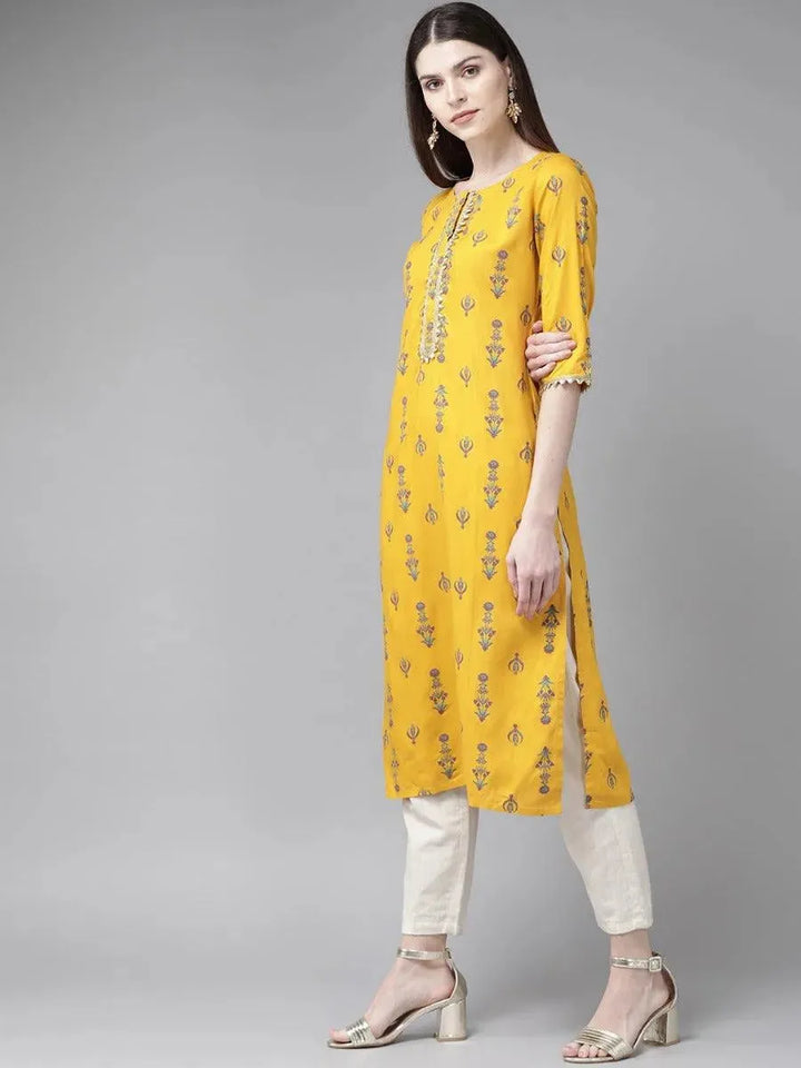 Mustard Printed Rayon Kurta - Libas