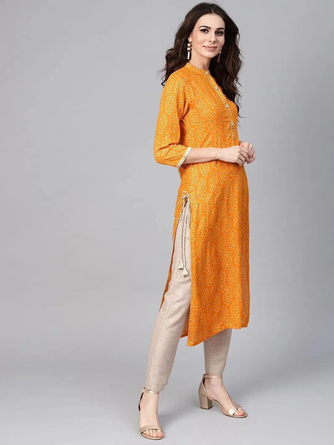 Mustard Printed Rayon Kurta - Libas