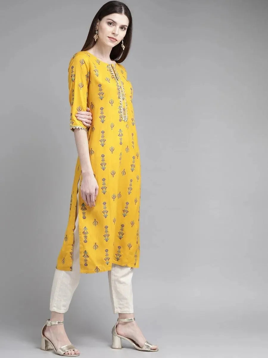 Mustard Printed Rayon Kurta - Libas 