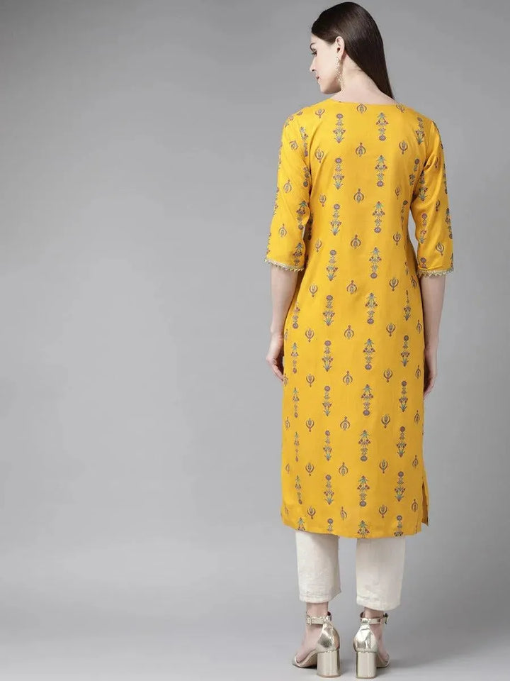 Mustard Printed Rayon Kurta - Libas