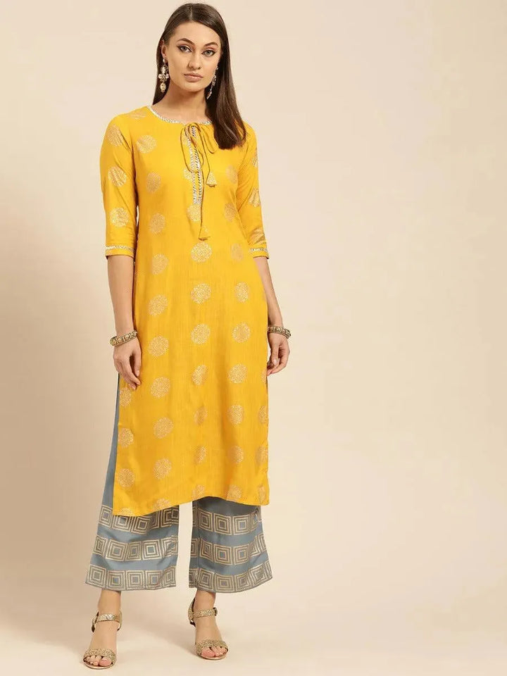 Mustard Printed Rayon Kurta Set - Libas