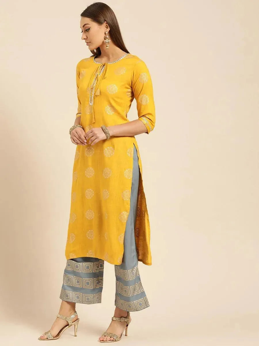 Mustard Printed Rayon Kurta Set - Libas