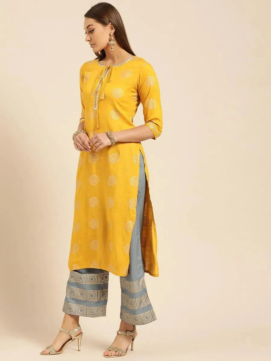 

Mustard Printed Rayon Straight Kurta With Palazzos