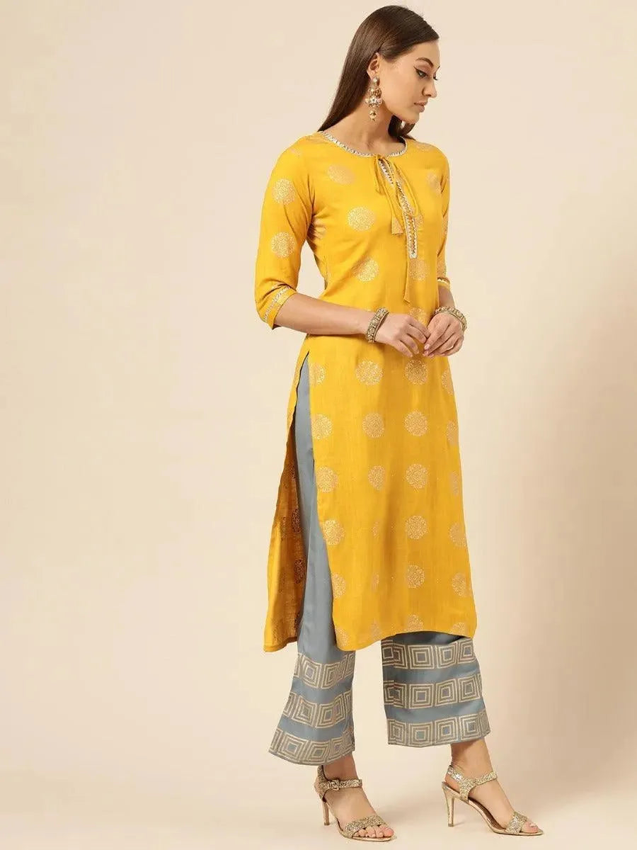 Mustard Printed Rayon Kurta Set - Libas