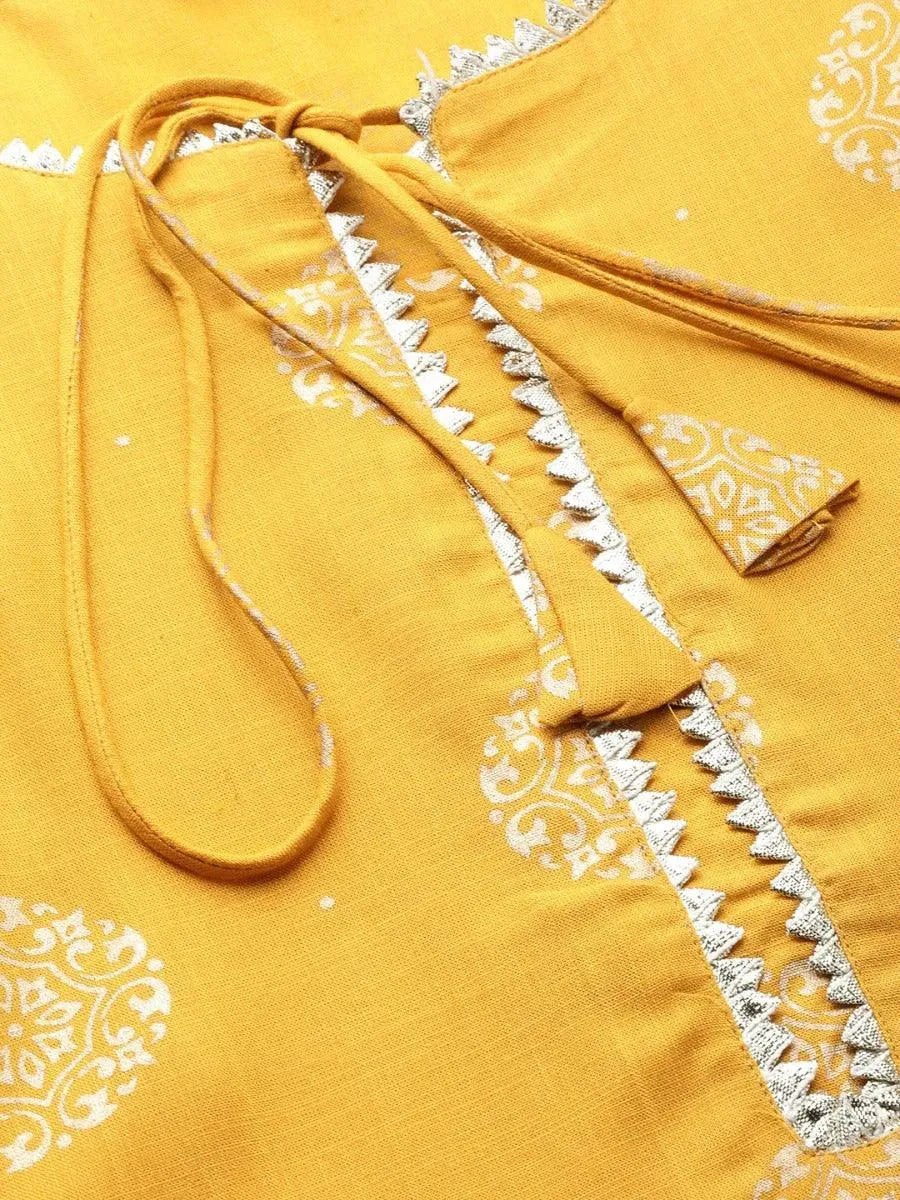 Mustard Printed Rayon Kurta Set - Libas