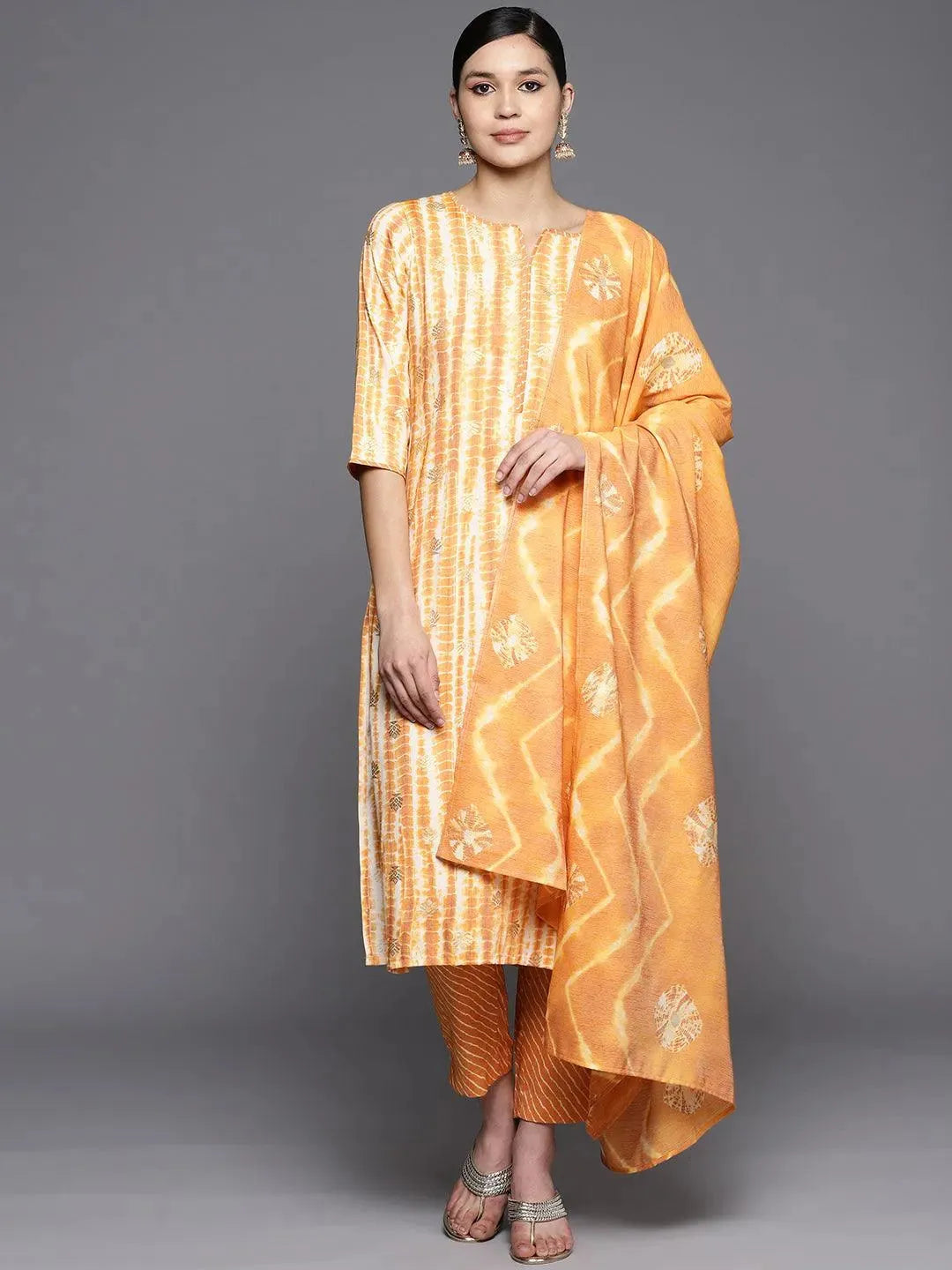 

Mustard Printed Rayon Straight Kurta With Trousers & Dupatta
