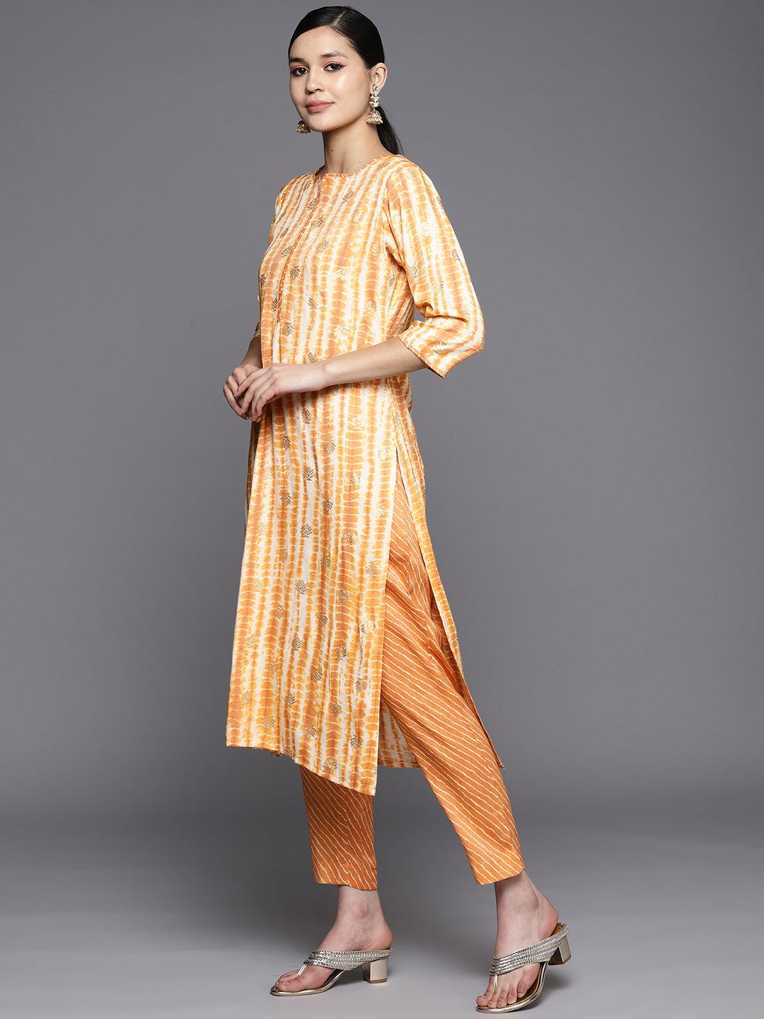 Mustard Printed Rayon Straight Suit Set With Trousers - Libas