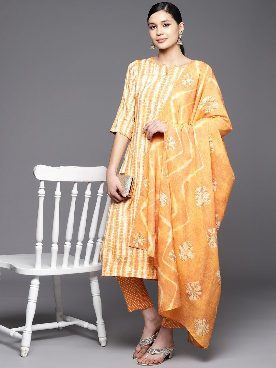 Mustard Printed Rayon Straight Suit Set With Trousers - Libas