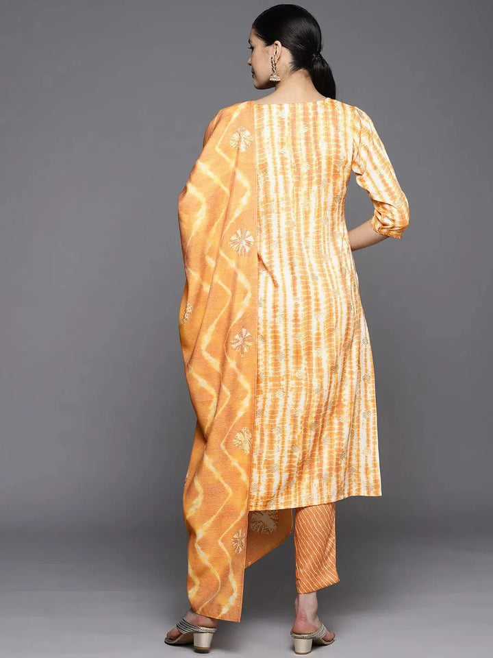 Mustard Printed Rayon Straight Suit Set With Trousers - Libas