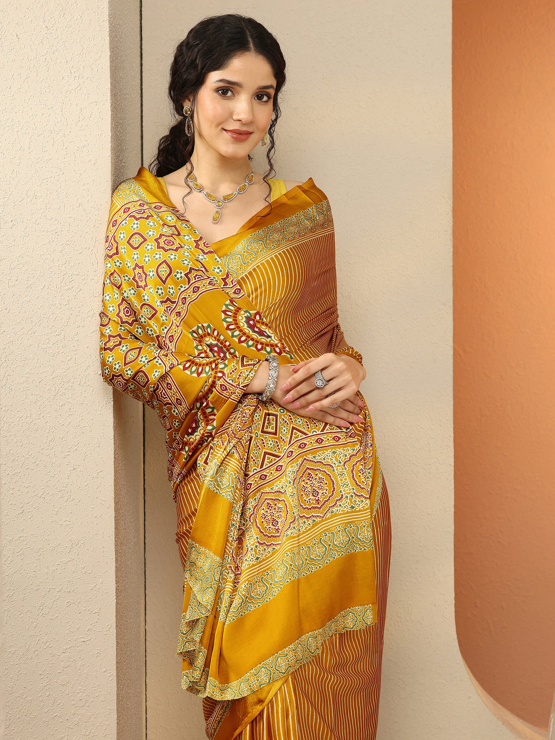 Mustard Printed Satin Saree With Unstitched Blouse Piece