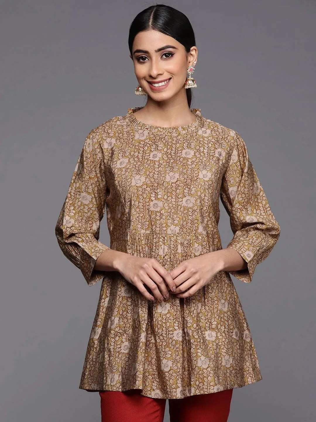 Mustard Printed Silk Blend A-Line Kurti - Libas