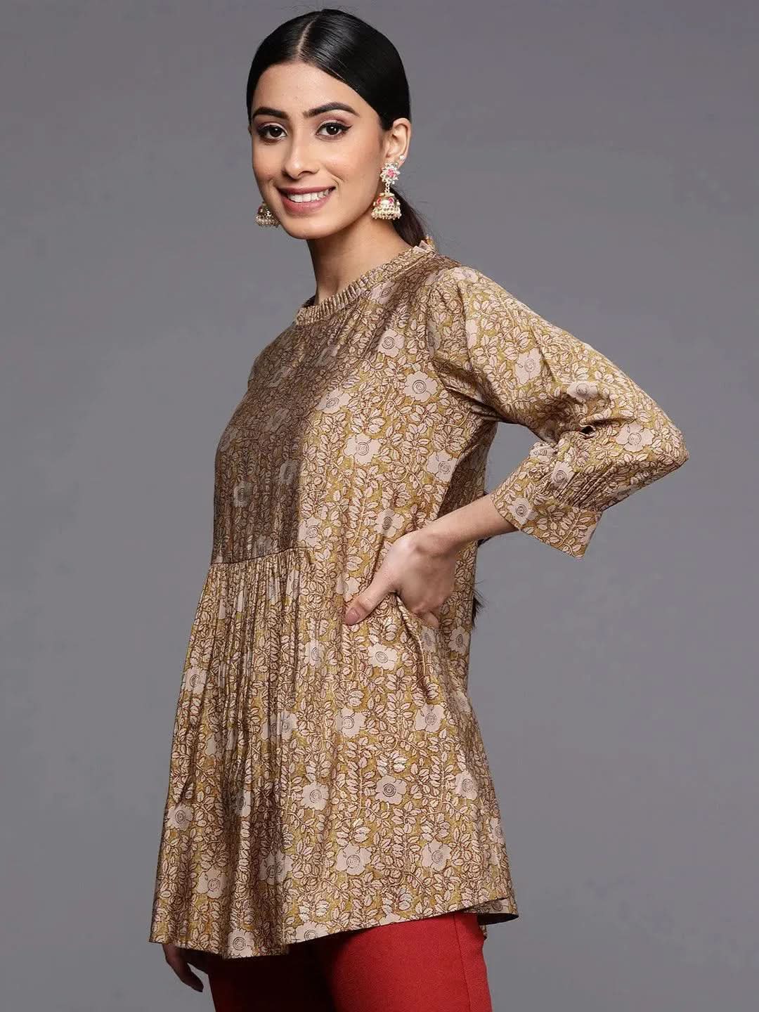 Mustard Printed Silk Blend A-line Kurta With Trousers