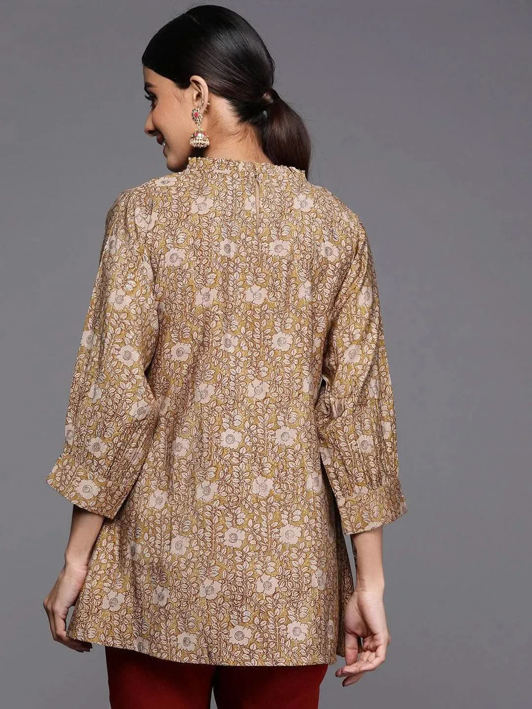 Mustard Printed Silk Blend A-Line Kurti - Libas