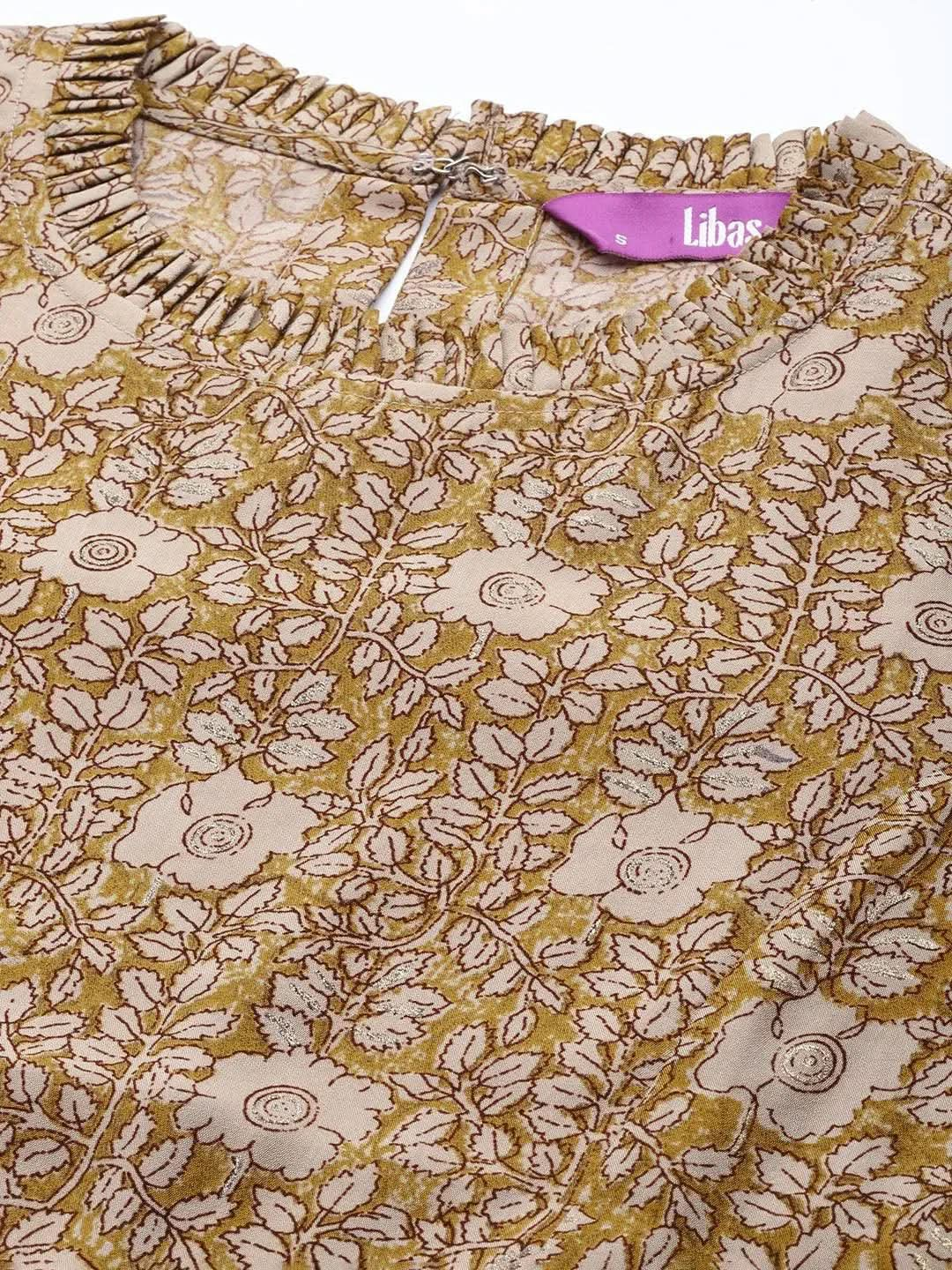 Mustard Printed Silk Blend A-Line Kurti - Libas