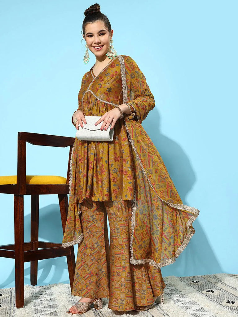 Libas Mustard Printed Silk Blend A-Line Sharara Suit Set With Dupatta