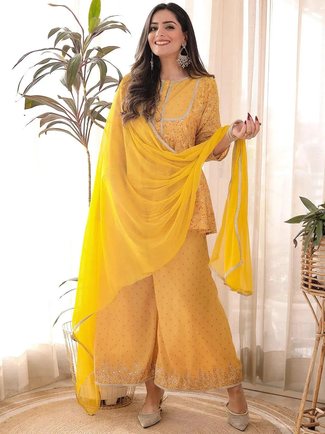 Mustard Printed Silk Blend Suit Set With Palazzos - Libas