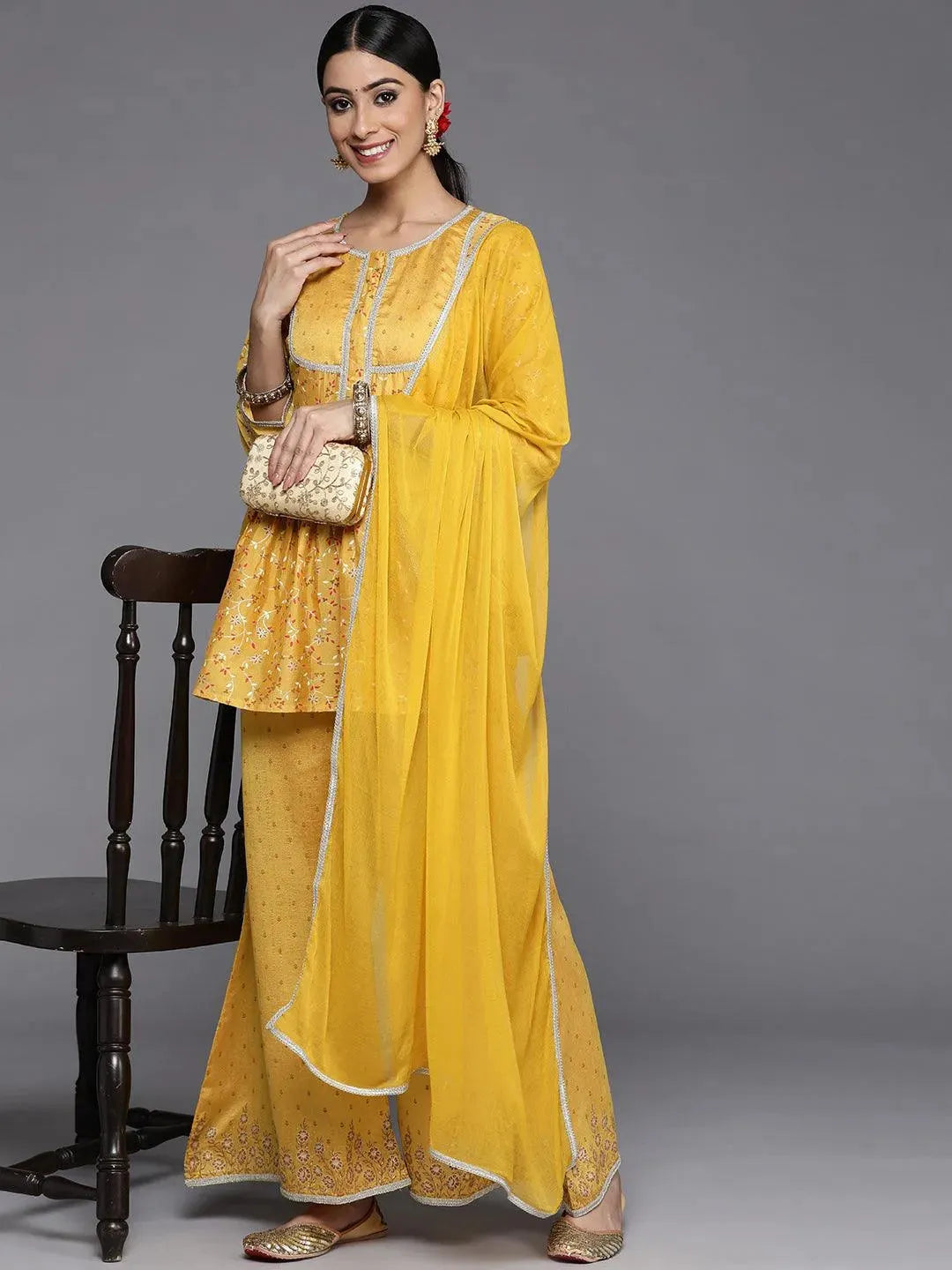 Mustard Printed Silk Blend Suit Set With Palazzos - Libas 