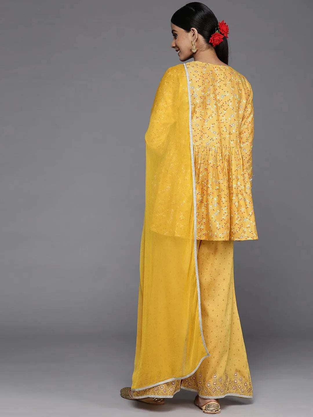 Mustard Printed Silk Blend Suit Set With Palazzos - Libas 