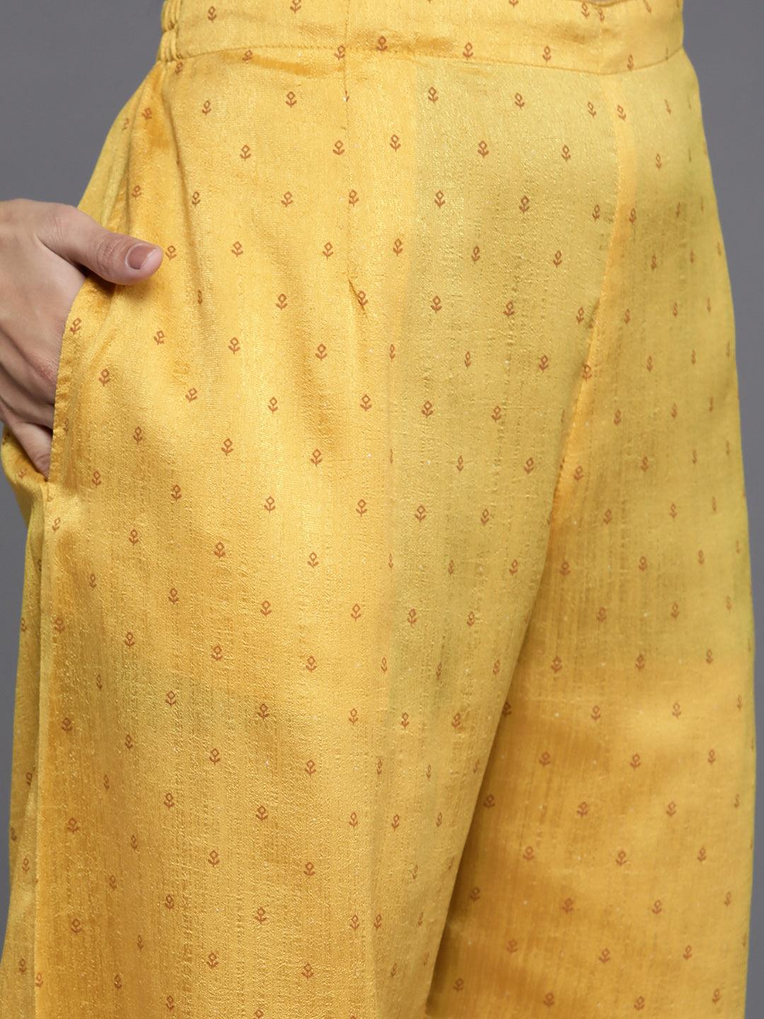 Mustard Printed Silk Blend Suit Set With Palazzos - Libas