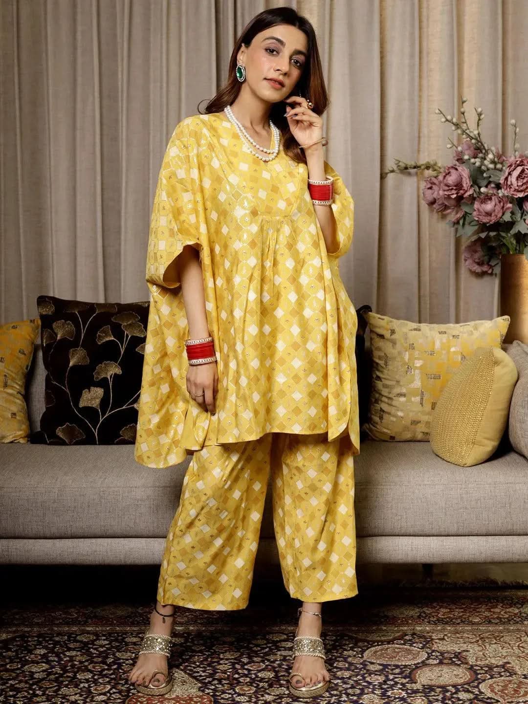 

Mustard Printed Silk Blend Kaftan Kaftan With Palazzos