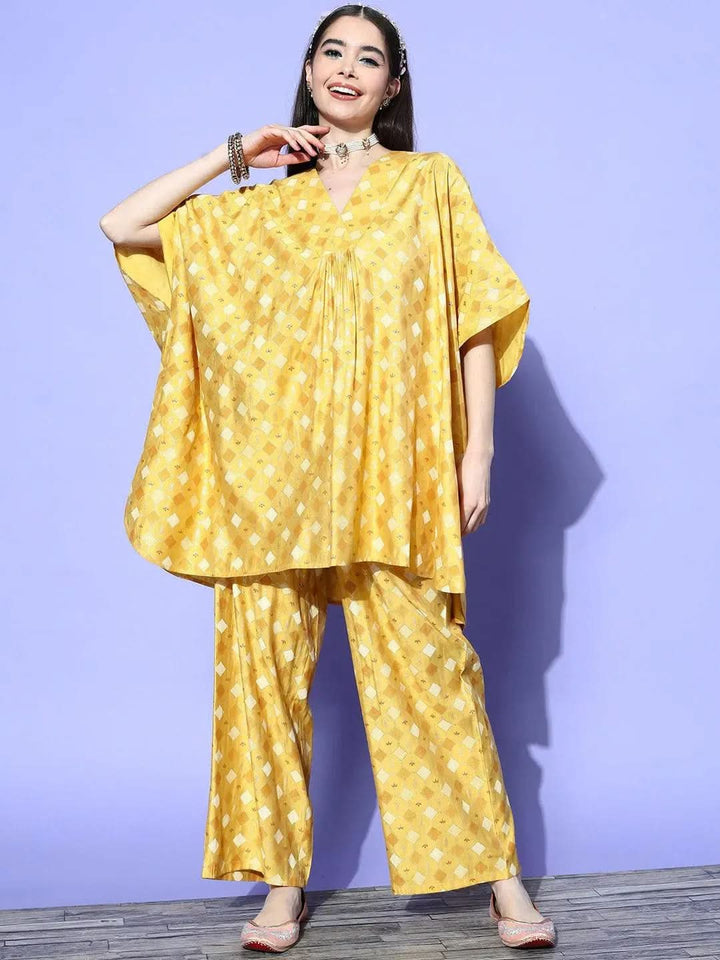 Mustard Printed Silk Blend Kaftan Kaftan With Palazzos - Libas