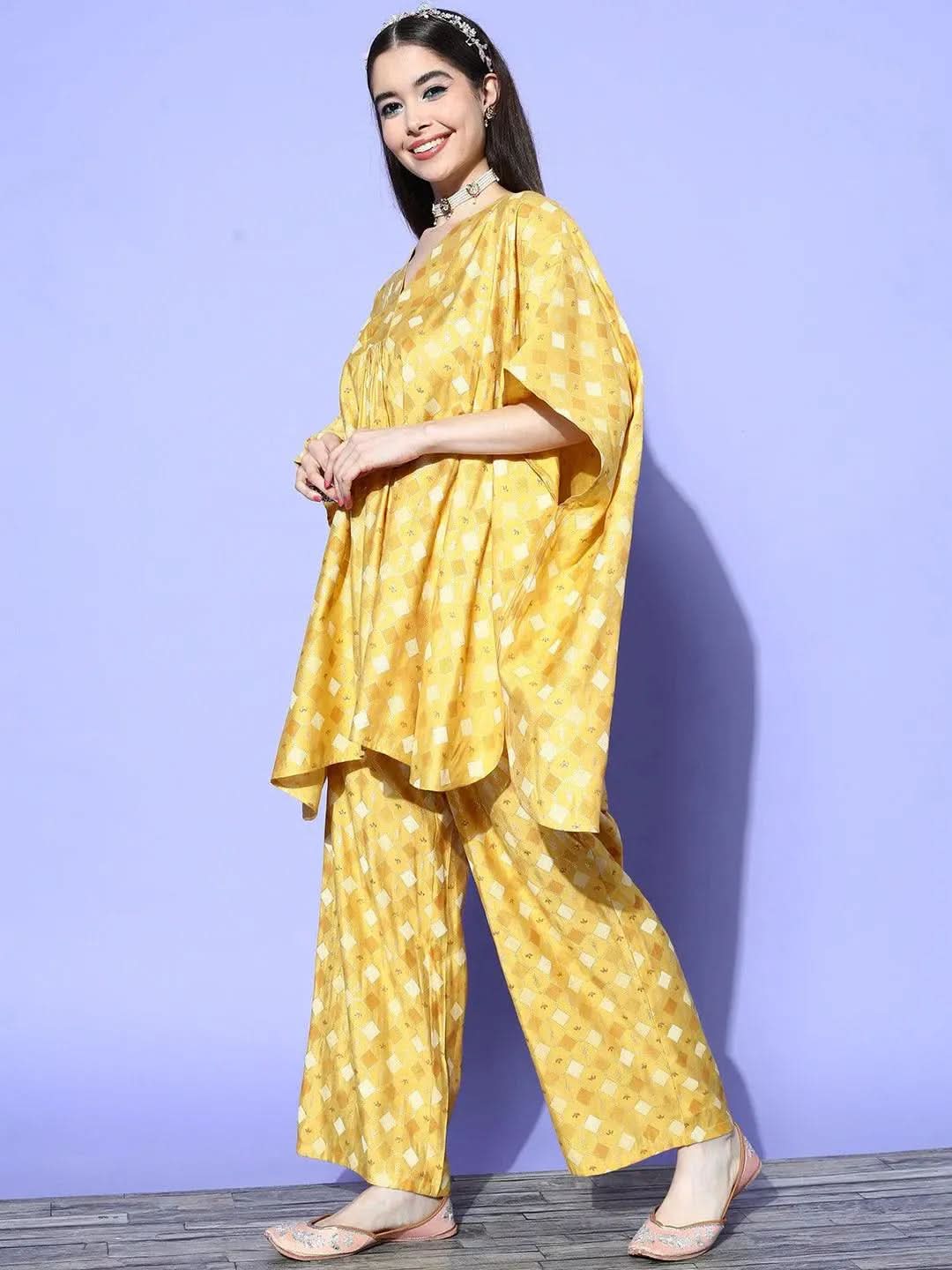 Mustard Printed Silk Blend Kaftan Kaftan With Palazzos - Libas 